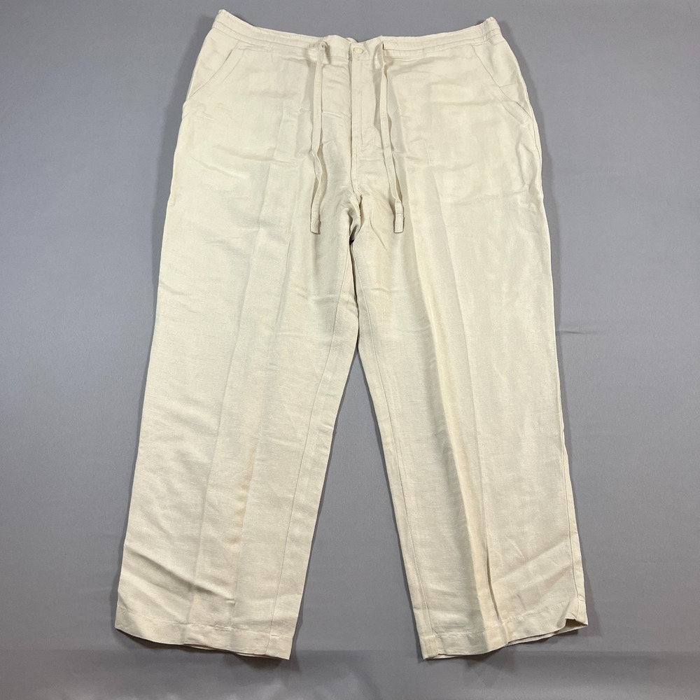 Cubavera Pants Womens 2X Beige Linen Blend Stretch High Rise Drawstring Wide Leg